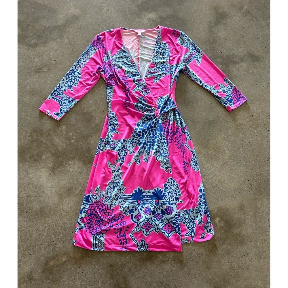 Lilly Pulitzer Yvette Dress Pink Pop On The Square Stretch Faux Wrap Medium EUC